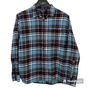 Eddie Bauer men's XXL blue, tan, white & red plaid‎ flannel shirt.  EUC